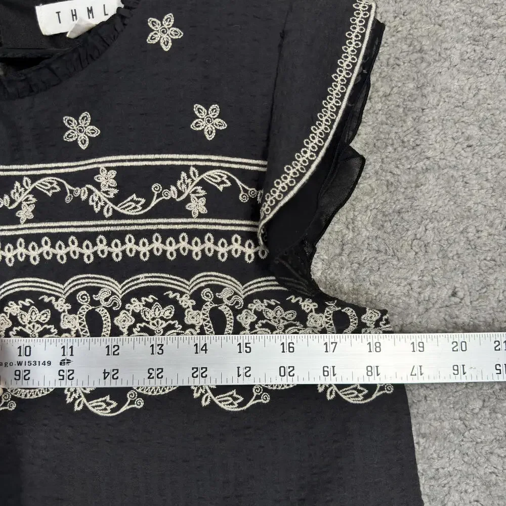 THML Black Embroidered Sleeveless Mini Dress Tunic‎ Ornate Boho Lined Sz Medium